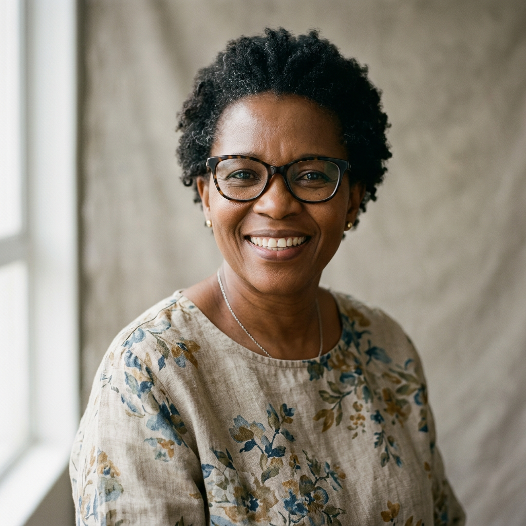 Generated portrait of a smiling practice administrator in glasses and a floral linen blouse
