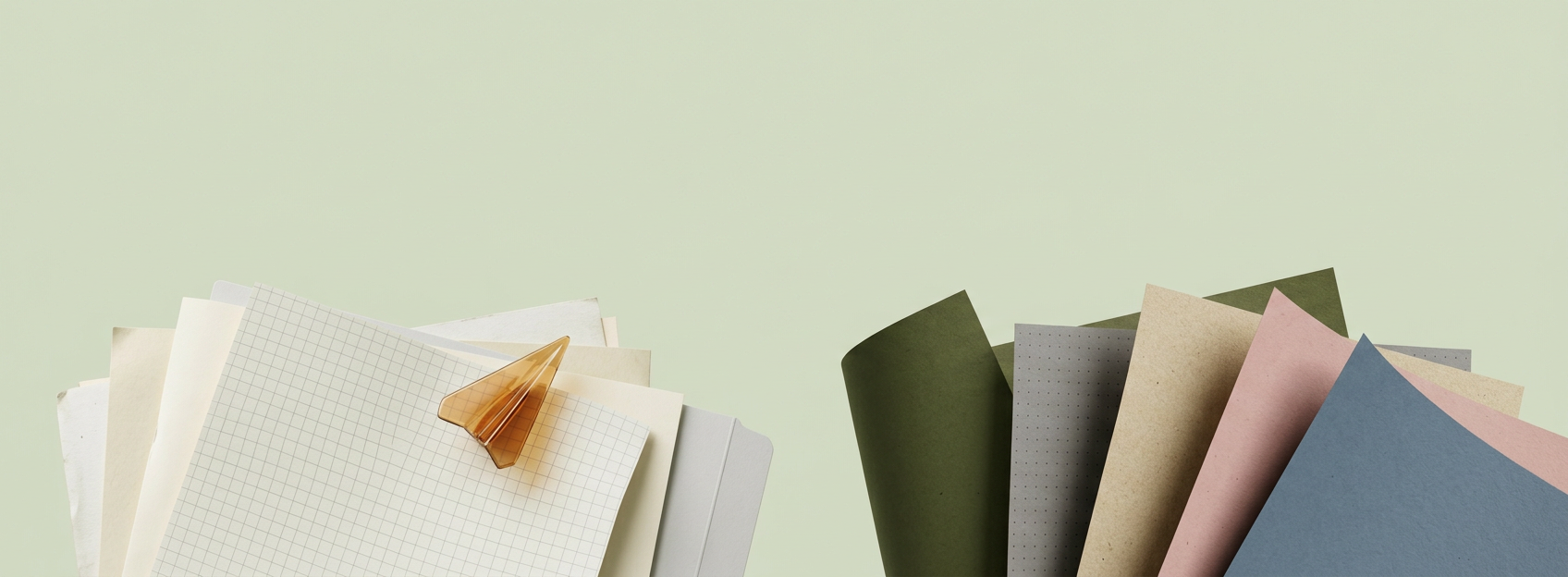 Two clusters of fanned paper sheets in olive, sand, dusty pink and slate, beside a grid-paper sheet with an amber glass marker
