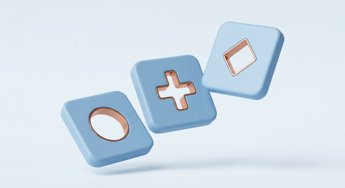 Three powder-blue tiles floating at different angles, each with a copper-rimmed cut-out